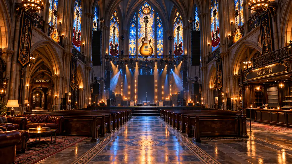 Grand rock cathedral with Les Paul and SG stained glass, stage, merch booth and lounge