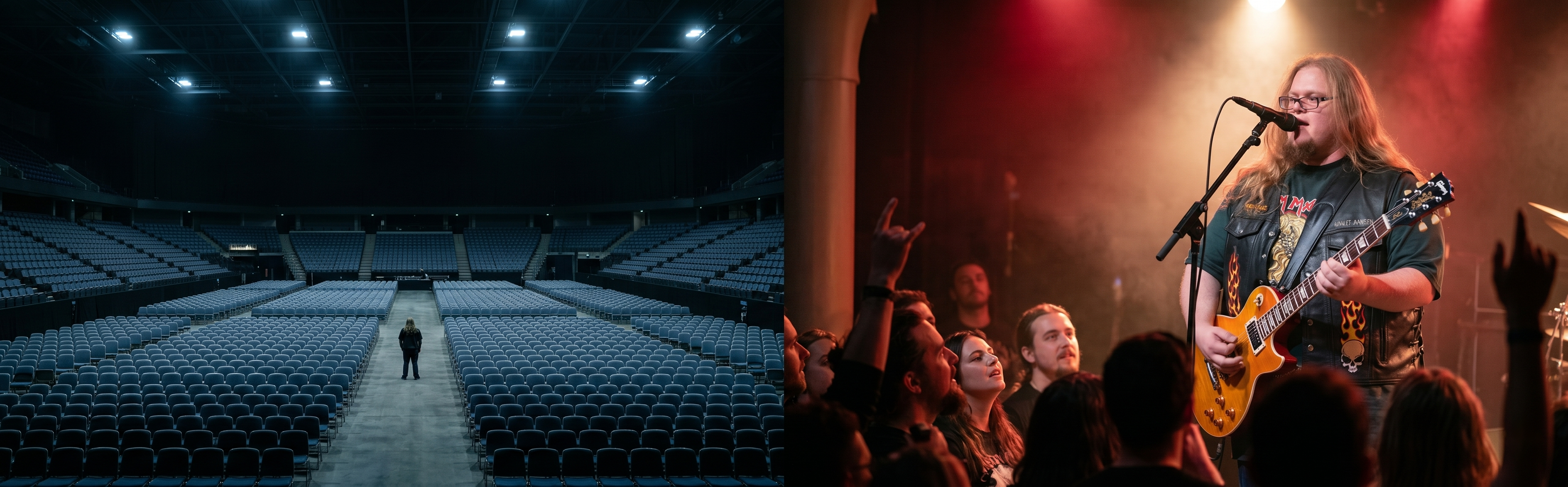 An empty arena beside Dr. OMEB performing for an engaged crowd, illustrating the need to change the room