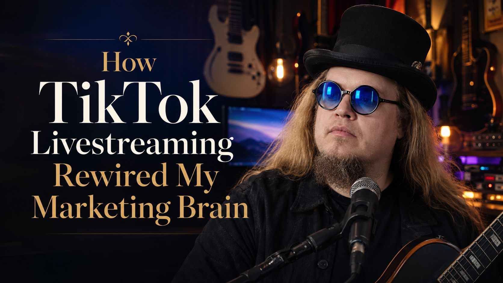 Dr. OMEB at a microphone with a guitar in his studio beside the words How TikTok Livestreaming Rewired My Marketing Brain