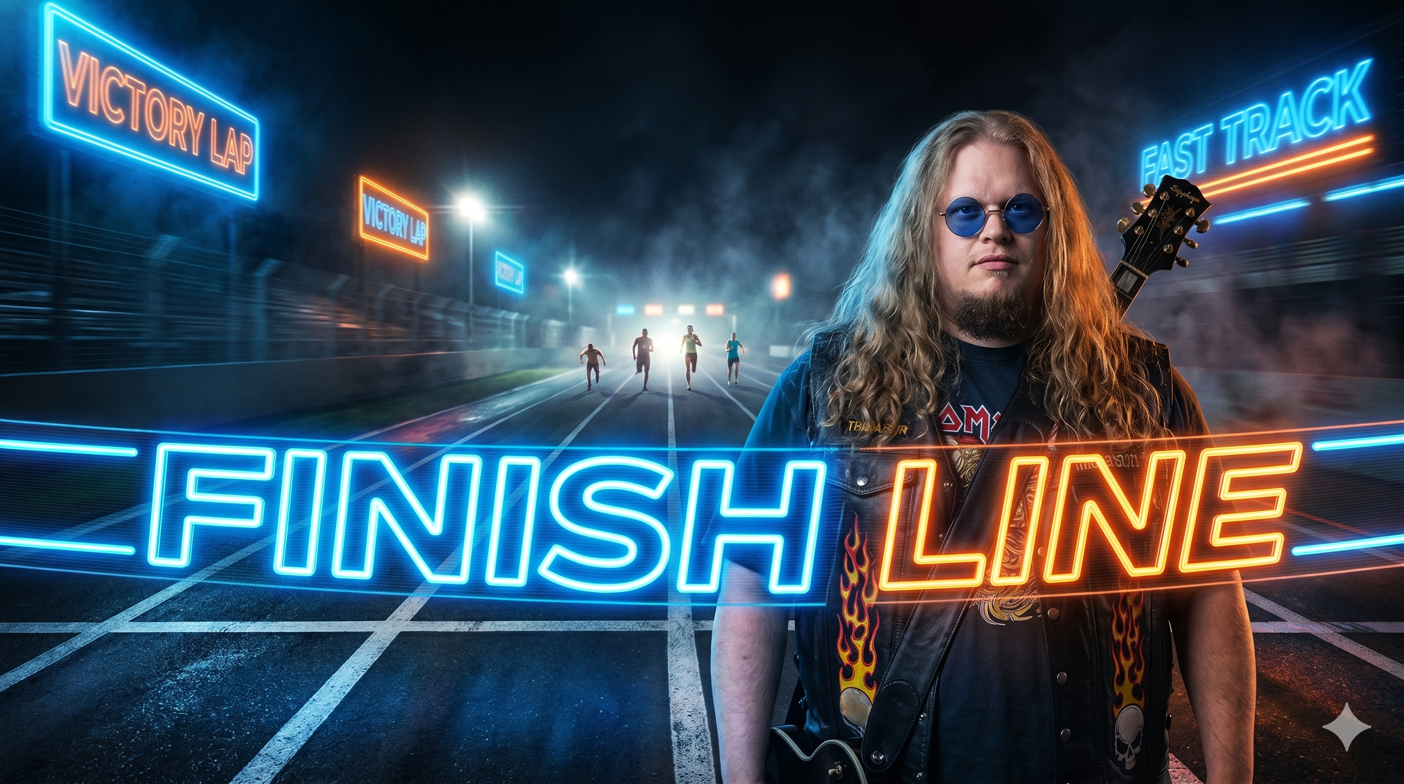 Dr. OMEB standing at a neon finish line, representing AI shortening the distance between an idea and execution