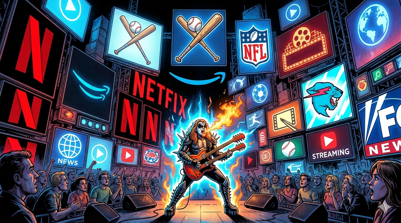 A stylized KISS performer surrounded by screens representing competing forms of entertainment