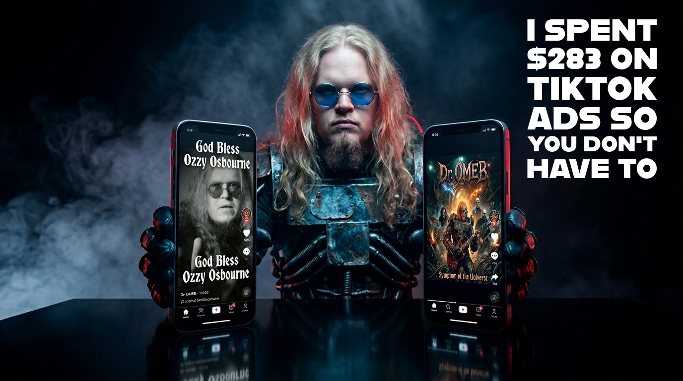 Dr. OMEB holding phones showing two TikTok music posts beside text saying he spent 283 dollars on TikTok ads